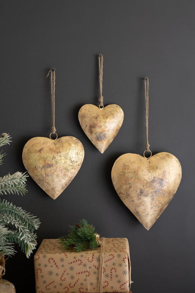 Set of 3 Antique Gold Christmas Heart Door Hangers - image 3