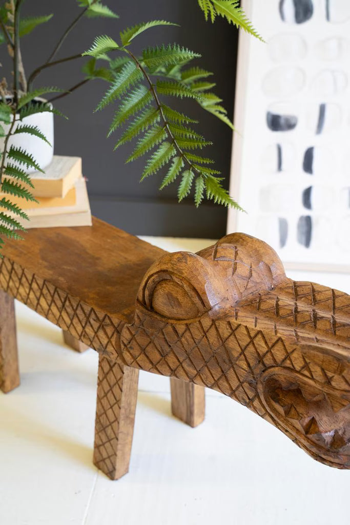 Carved Teak Wood Crocodile Bench – image 3