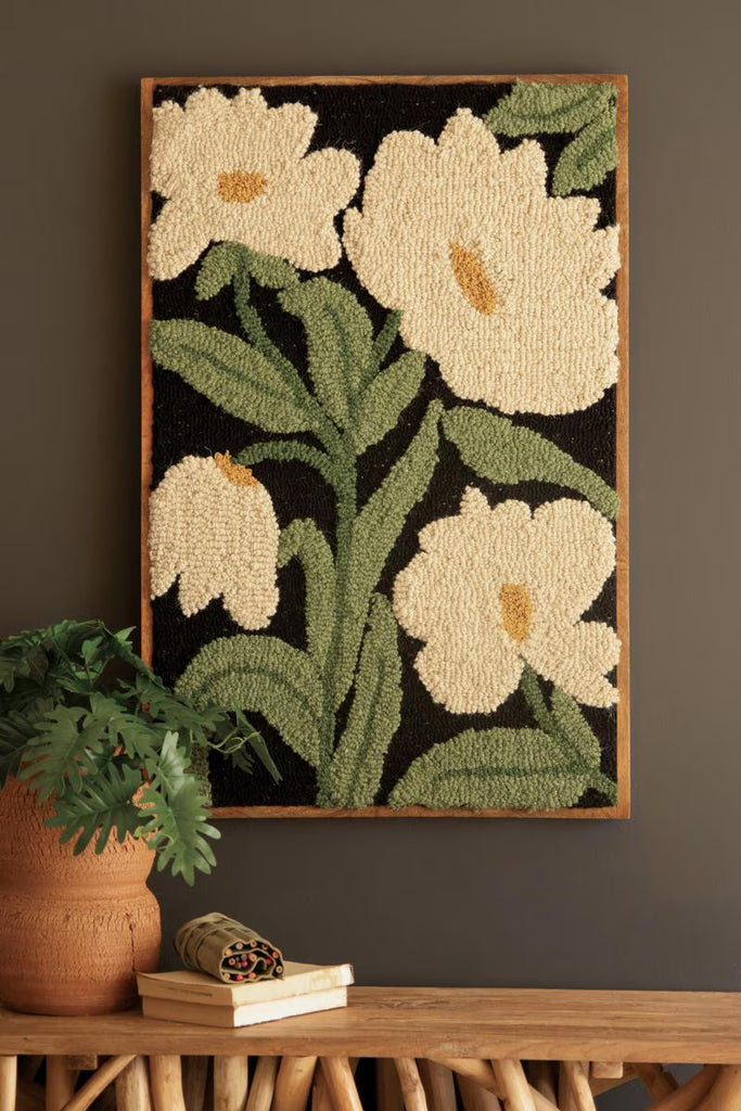 Wood Framed Hand-hooked Art - White Flowers – image 1