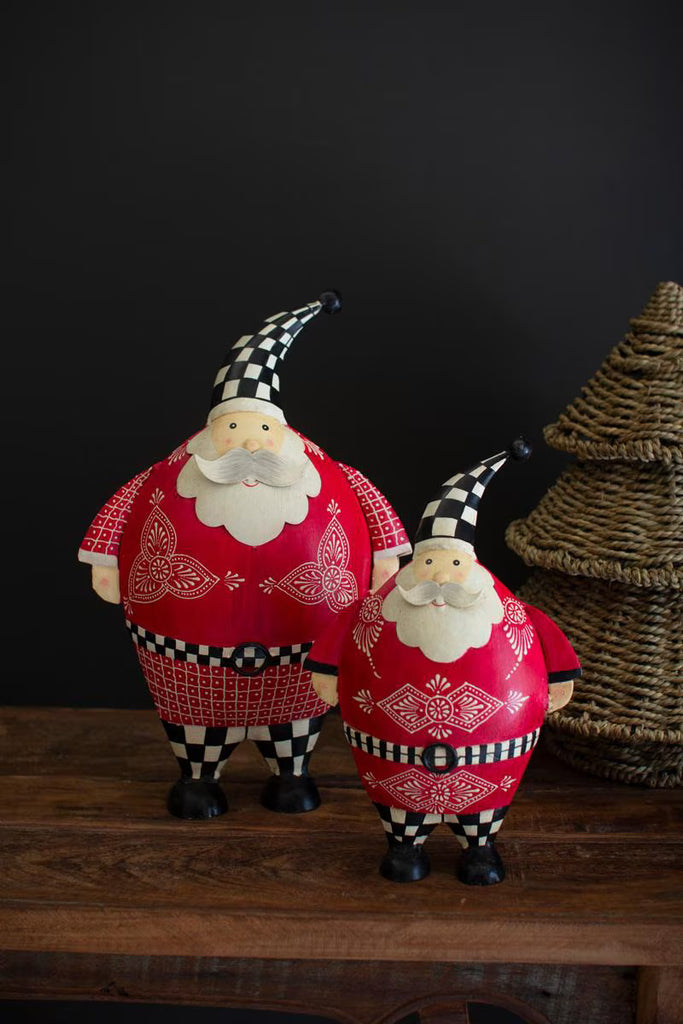 Set of 2 Painted Metal Santas with Checkered Detail – image 1
