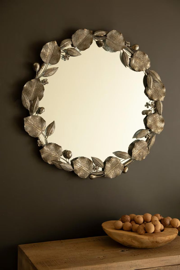 Round Rustic Framed Mirror with Leaf Detail – image 5