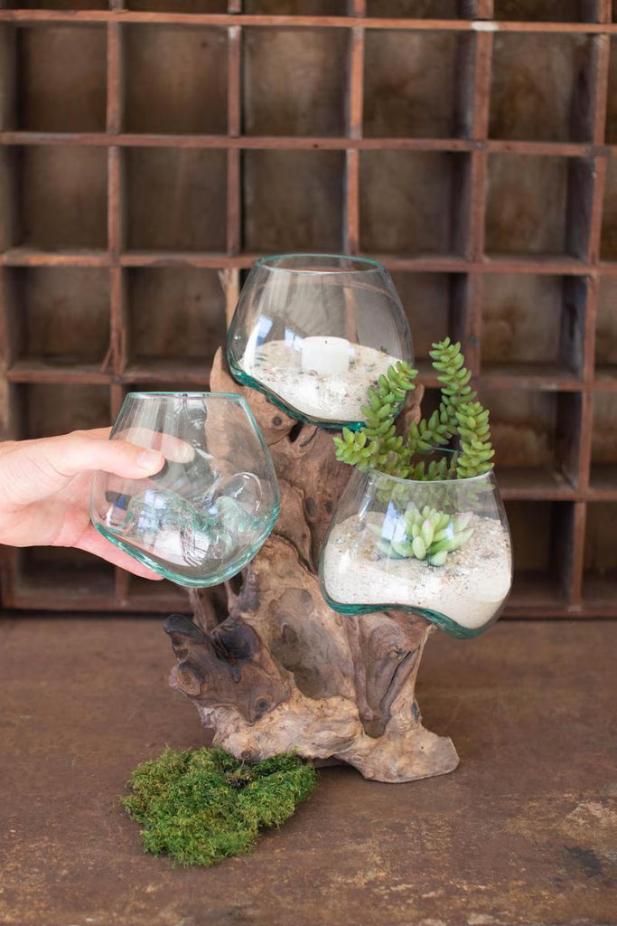 THREE BLOWN GLASS BOWLS ON A DRIFTWOOD BASE — Kalalou DWA1007