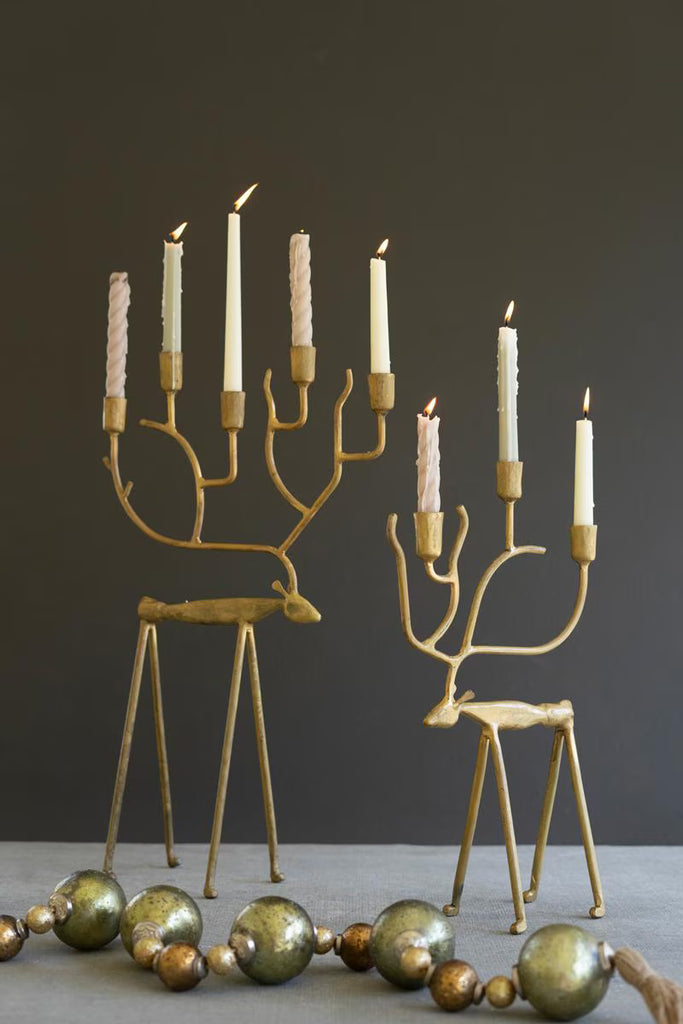 Set of 2 Antique Gold Forged Christmas Deer Candelabras – image 1