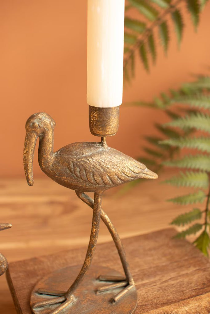 Set of 2 Antique Brass Shore Bird Taper Candle Holders - image 5