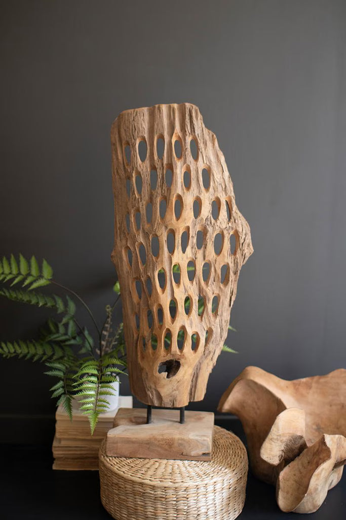 CARVED TEAK WOOD SCUPLTURE ON A BASE - PERFORATED — Kalalou DRA1008