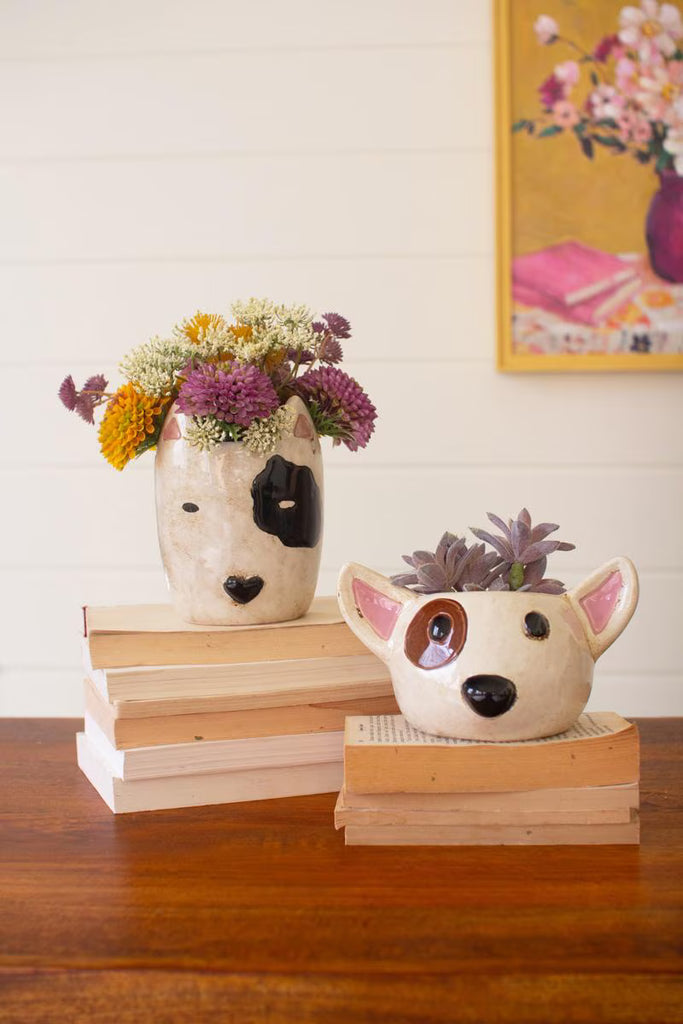 Set of 2 Ceramic Black and White Dog Head Planters - image 1