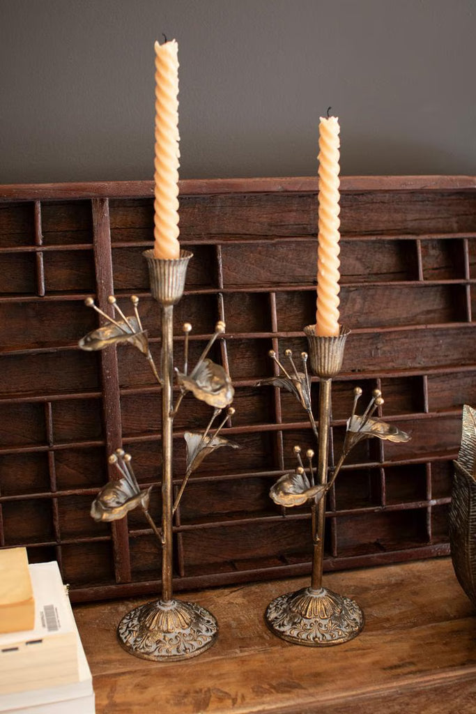Set of 2 Antique Brass Flower Taper Candle Holders - image 3