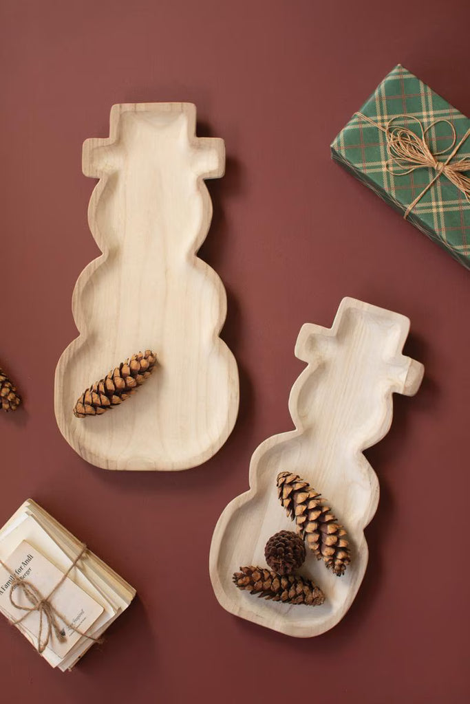 Set of 2 Carved Wood Snowmen Trays - image 1