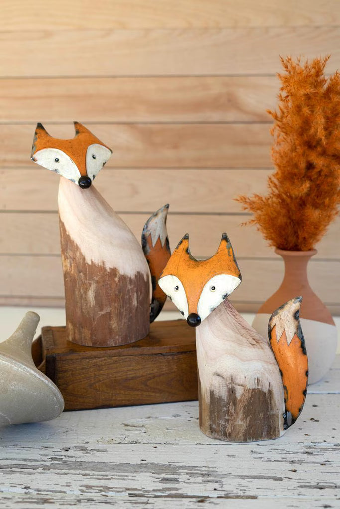 Set of 2 Recycled Wood and Iron Foxes – image 1