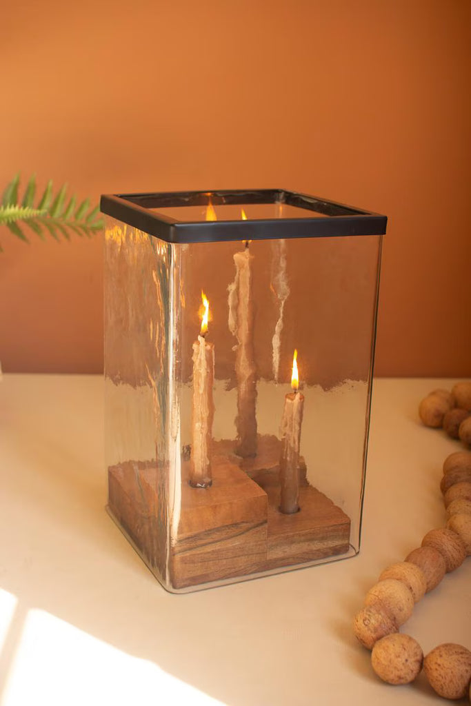 Large Glass Hurricane with Four Taper Holder Wood Base – image 2
