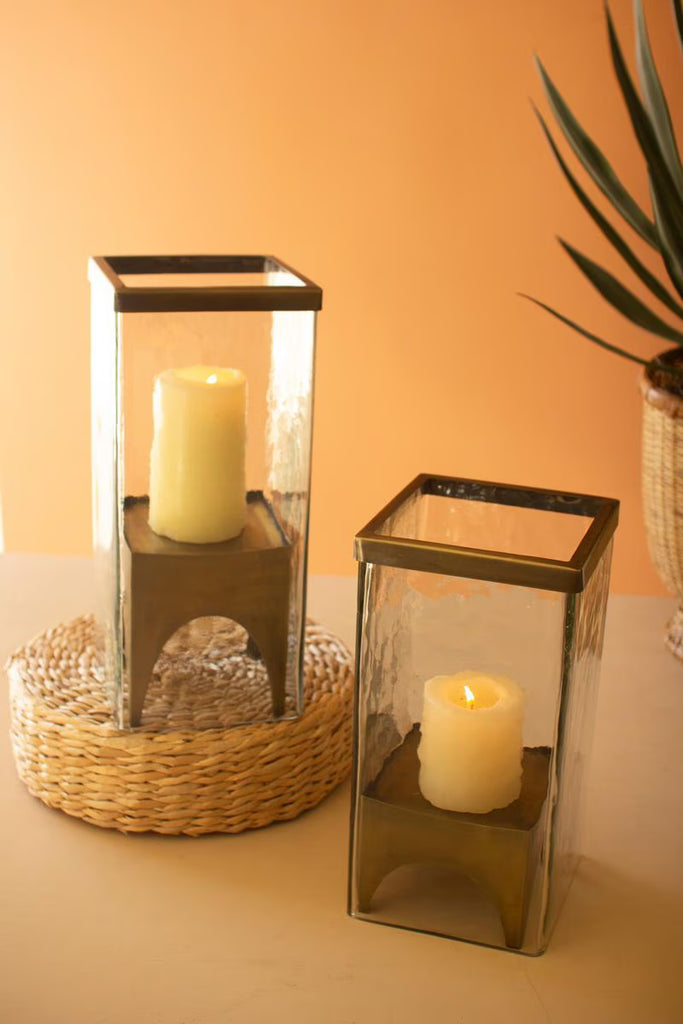 Set of 2 Square Glass Hurricanes with Antique Brass Bases – image 2
