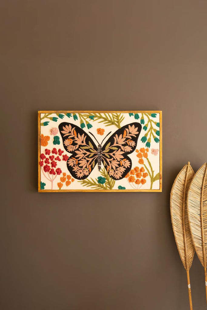 Framed Hand-hooked Art with Butterfly and Flowers – image 1