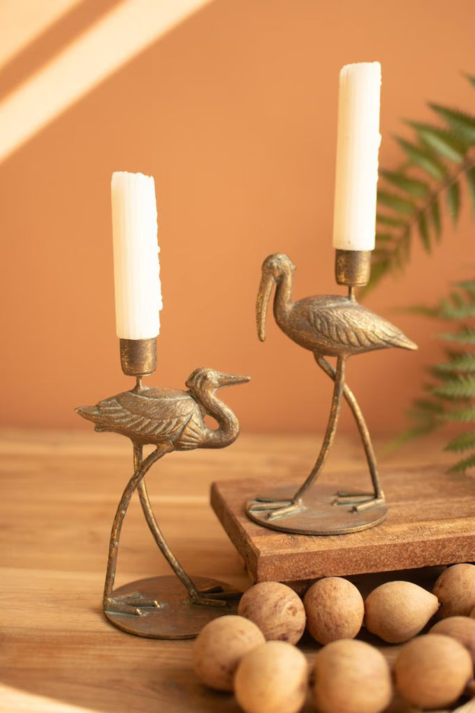 Set of 2 Antique Brass Shore Bird Taper Candle Holders - image 1