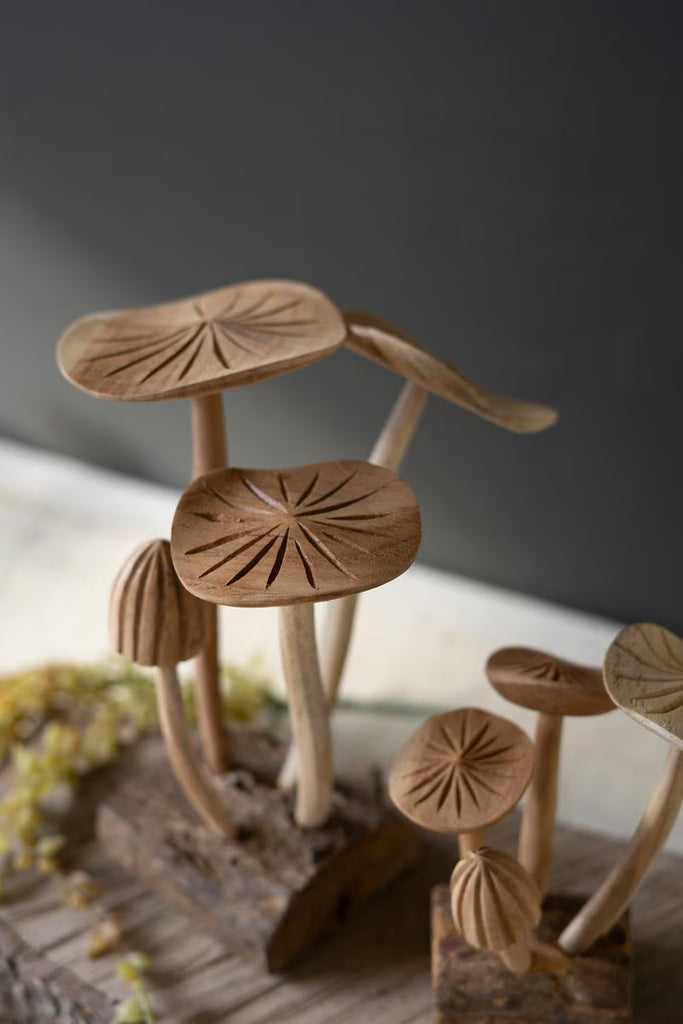 Set of 2 Hand-carved Teak Wood Mushroom Clusters - image 2