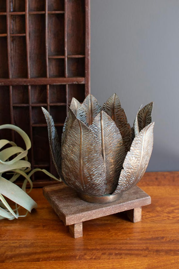 Set of 2 Antique Brass Metal Leaf Base with Glass Hurricane – image 4