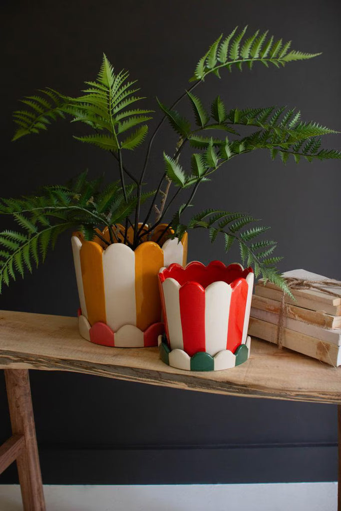 Set of 2 Striped Ceramic Flower Pots with Trays – image 1