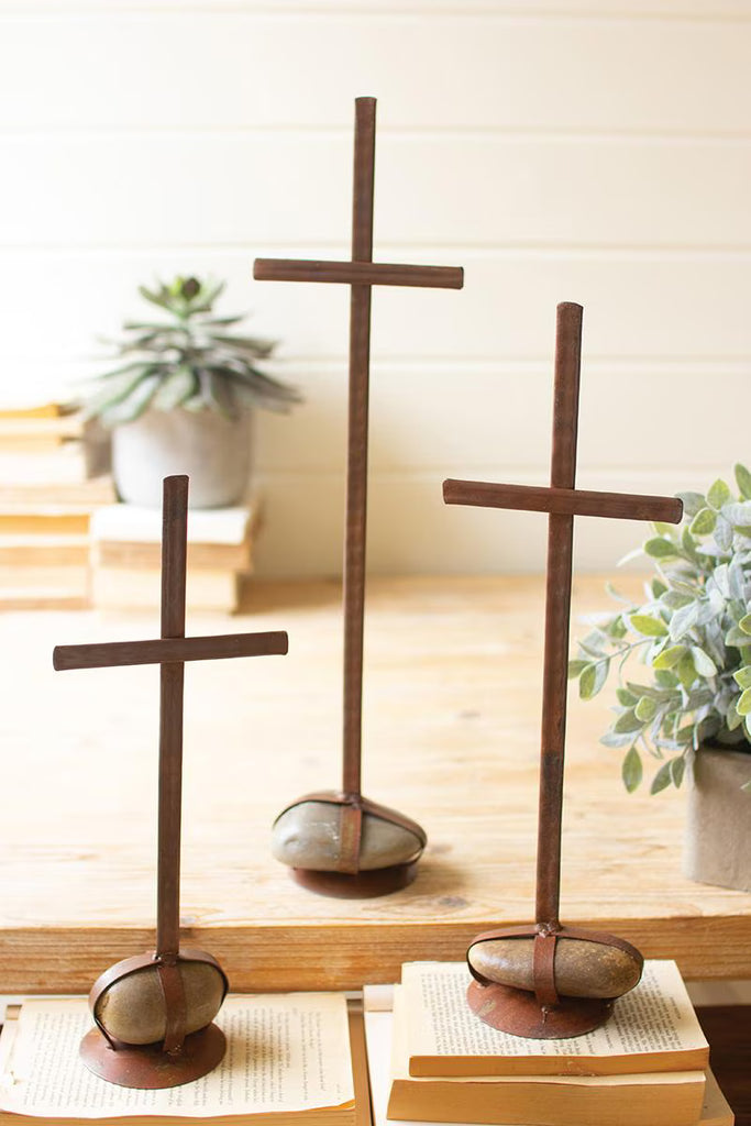 Set of 3 Scrap Metal Crosses with Caged Rock Bases (min 2) – image 4