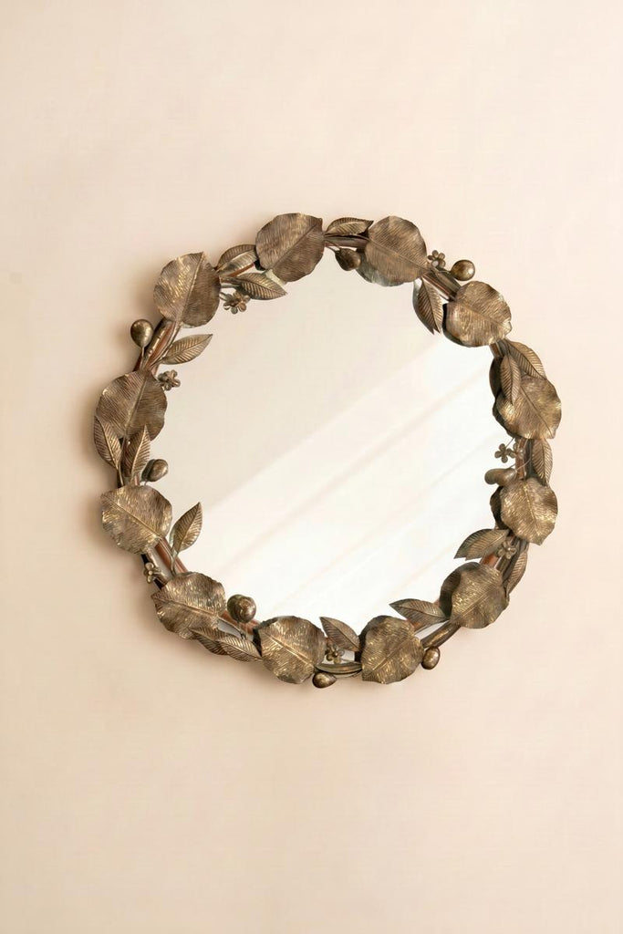 Round Rustic Framed Mirror with Leaf Detail – image 4