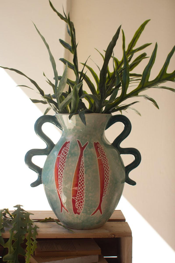 Ceramic Colorful Fish Vase with Blue Squiggle Handles – image 2