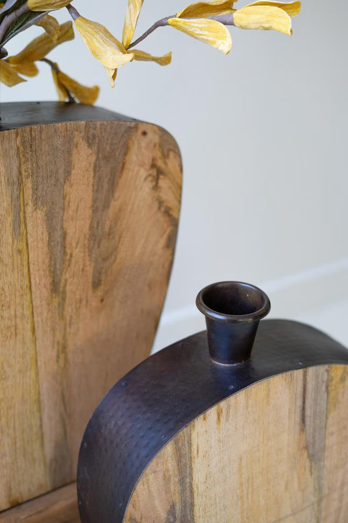 SET OF TWO MANGO WOOD AND METAL VASES — Kalalou NDE1531