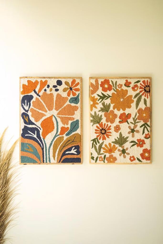 Set of 2 Wood Framed Hand Hooked Wall Art - Florals – image 1