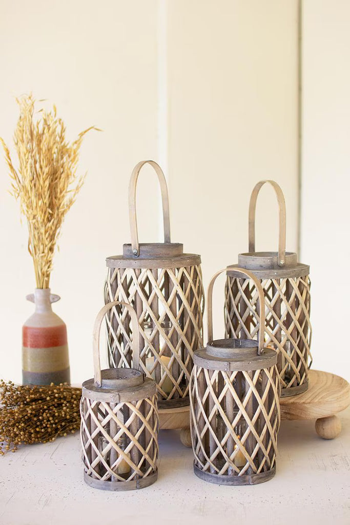 Set of 4 Grey Willow Cylinder Lanterns with Glass Inserts – image 1