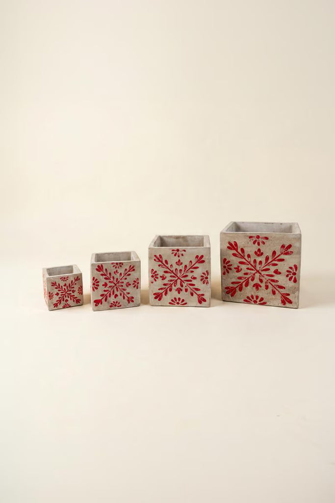 Set of 4 Square Cement Christmas Planters with Red Detail - view 4