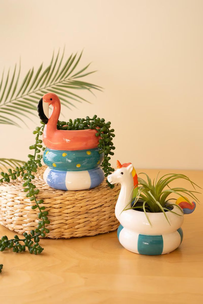 Set of 2 Ceramic Flamingo and Unicorn Swimring Vases - view 4