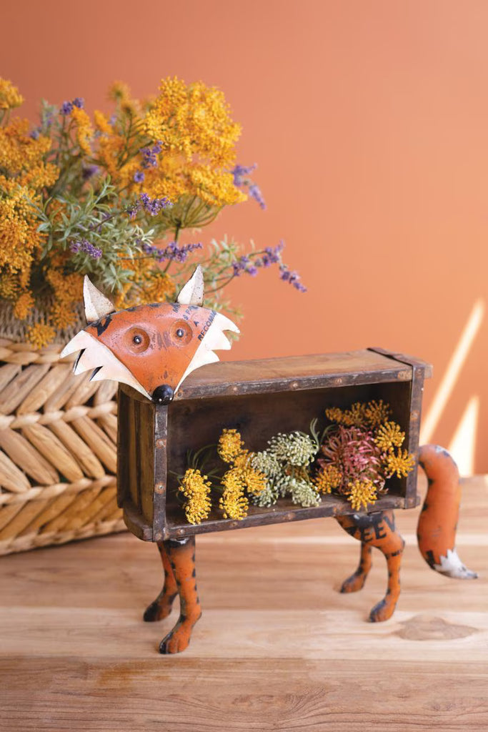 Recycled Metal Fox with Wooden Brick Mold – image 1