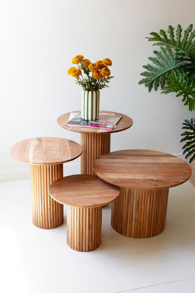 SET OF FOUR ACACIA WOOD ACCENT TABLES WITH TAMBOUR BASES — Kalalou NLAR1010