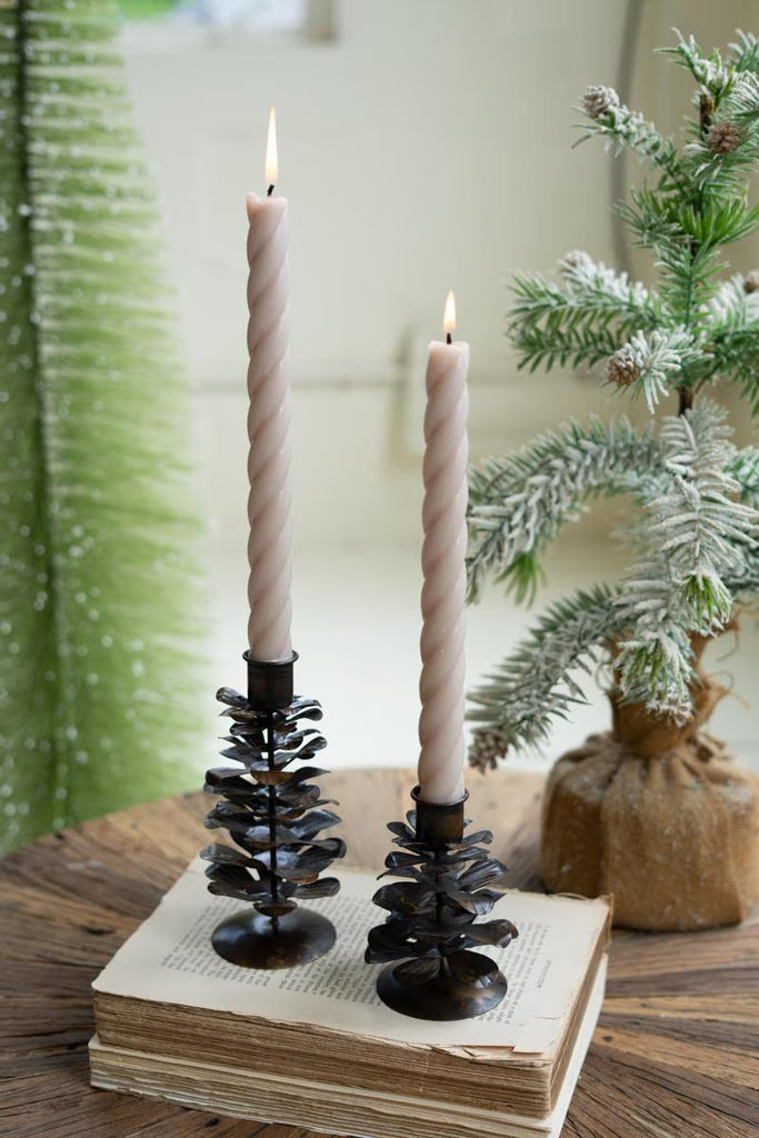 SET OF TWO METAL PINE CONE TAPER HOLDERS - ANTIQUE BROWN — Kalalou NDE1518