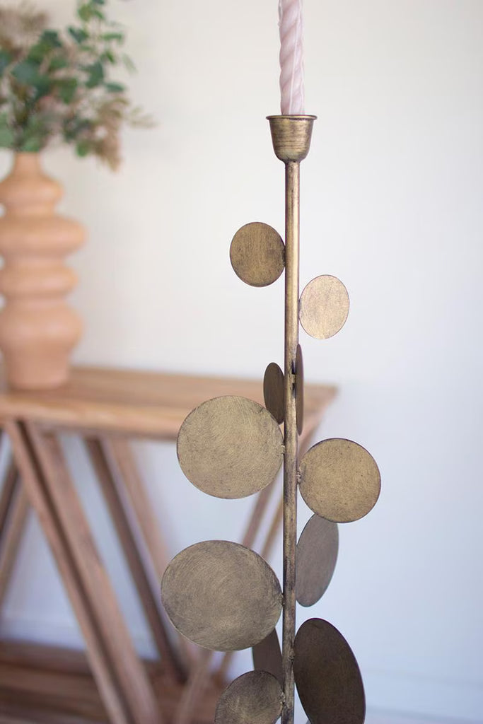SET OF TWO ANTIQUE BRASS CANDLE HOLDERS WITH ROUND DISCS DETAIL — Kalalou CLL2852