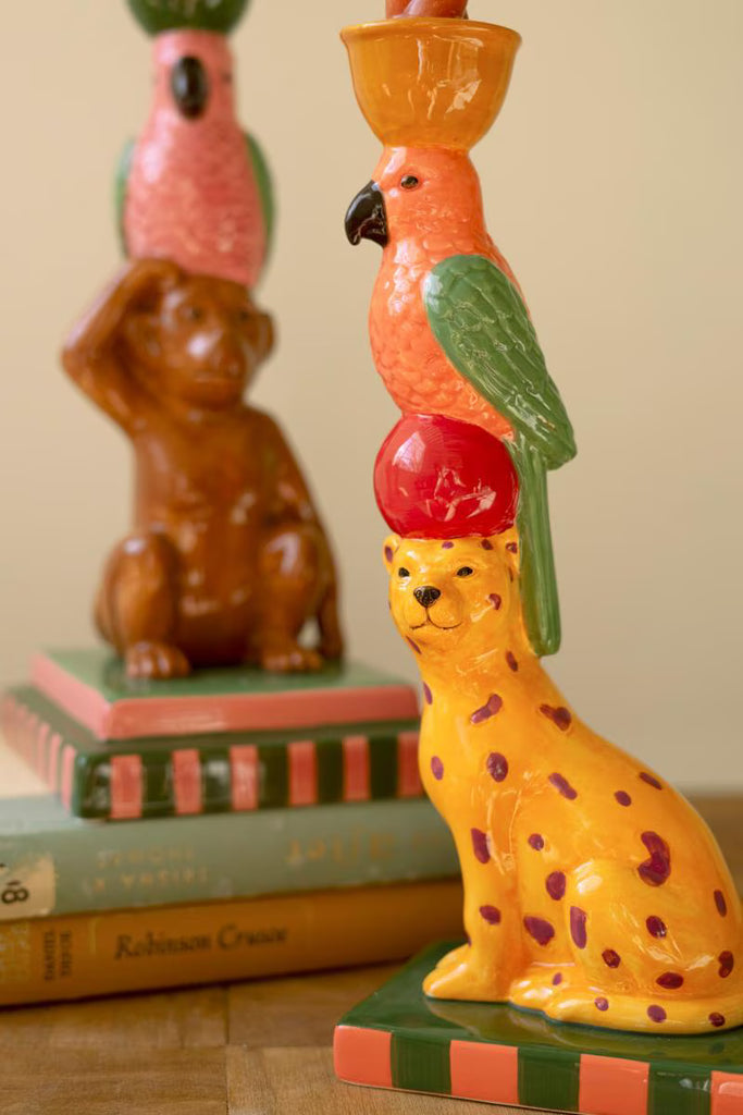 Set of 2 Ceramic Cheetah and Monkey Taper Candle Holders – image 2