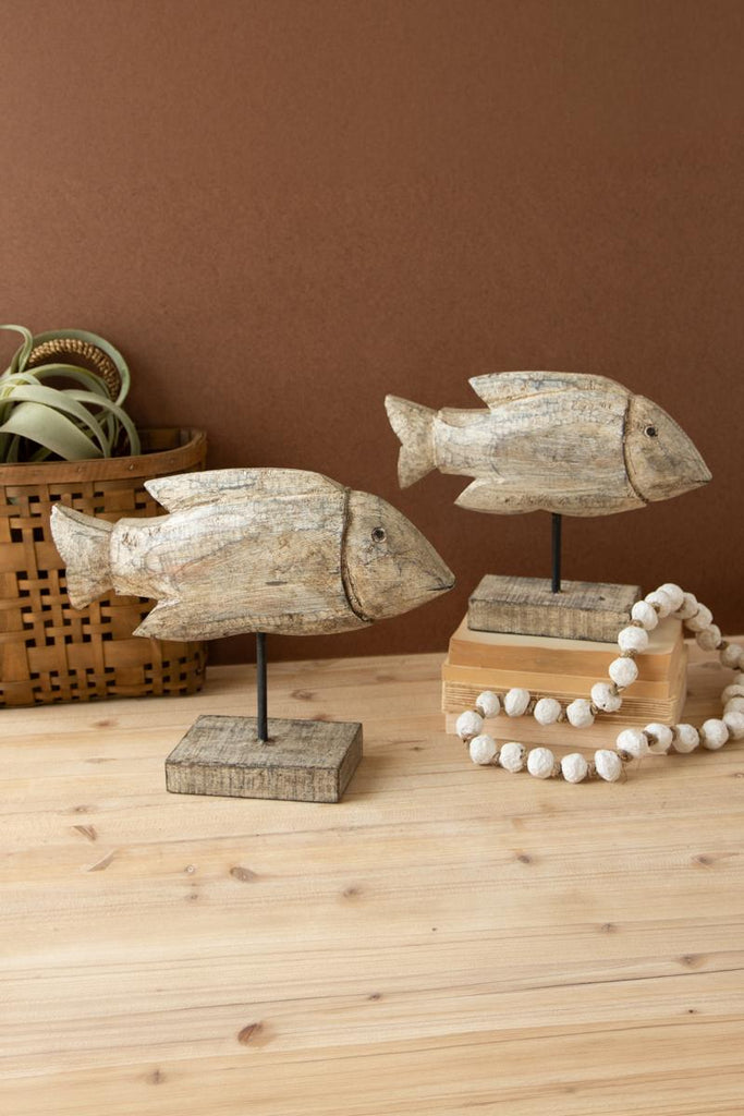 Set of 2 Carved Recycled Wooden Fish on Stands – image 4