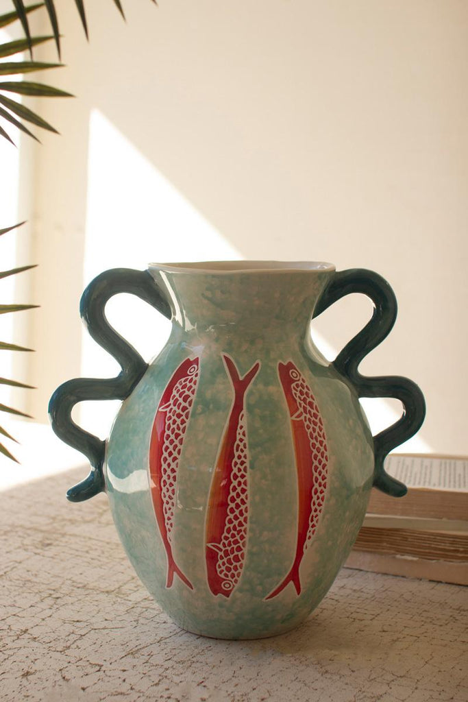 Ceramic Colorful Fish Vase with Blue Squiggle Handles – image 3