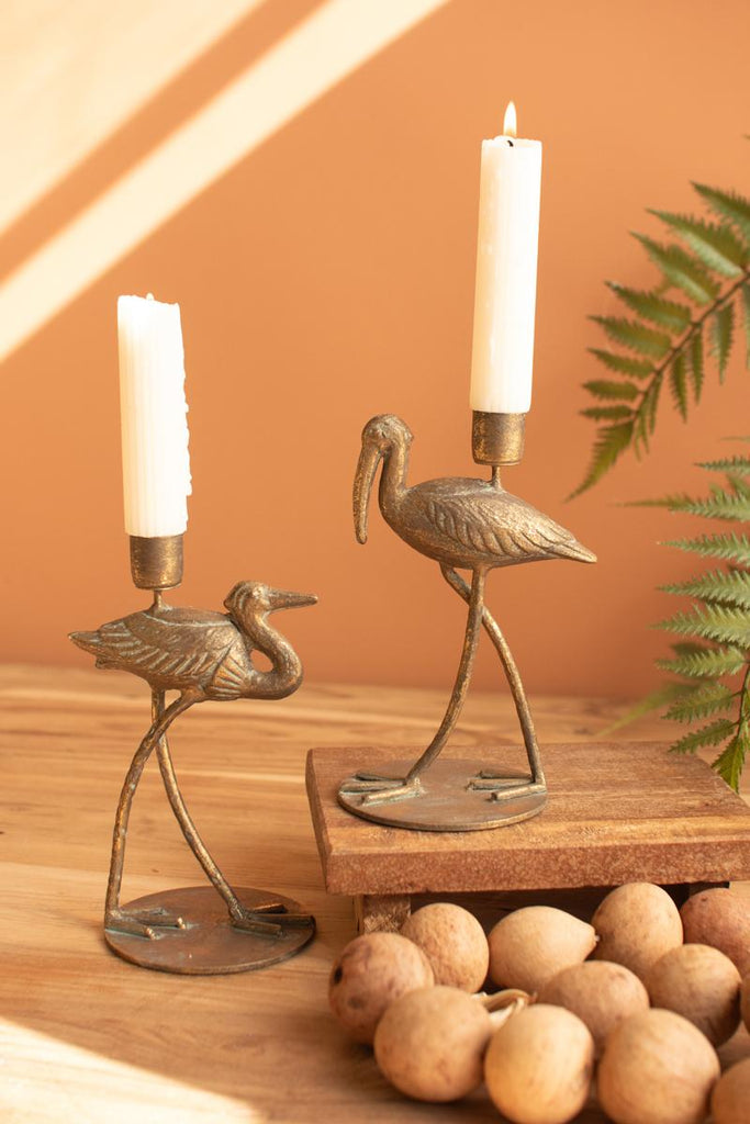 Set of 2 Antique Brass Shore Bird Taper Candle Holders - image 6
