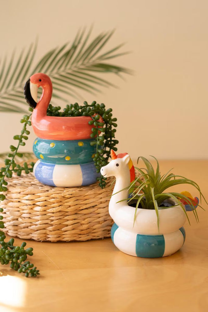 Set of 2 Ceramic Flamingo and Unicorn Swimring Vases - view 1