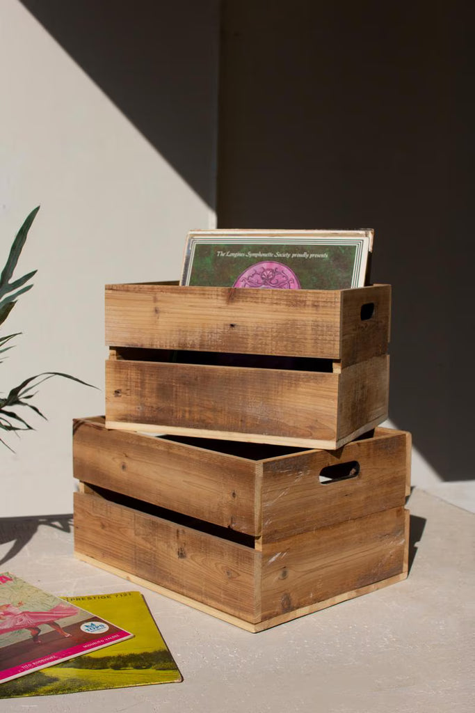 Set of 2 Slatted Wooden Crates - Natural Finish - view 1