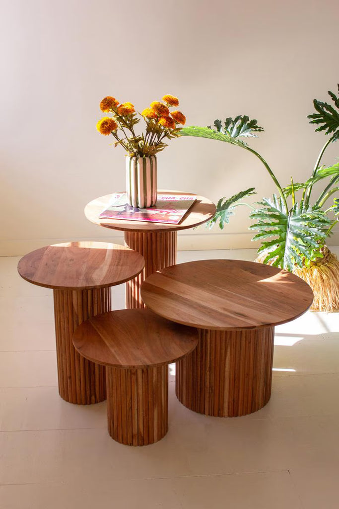 SET OF FOUR ACACIA WOOD ACCENT TABLES WITH TAMBOUR BASES — Kalalou NLAR1010