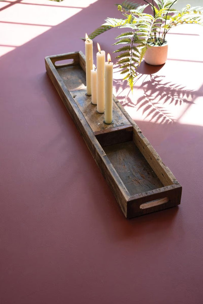 RECYCLED WOODEN TRAY WITH FOUR CANDLE HOLDERS — Kalalou NMCC1366