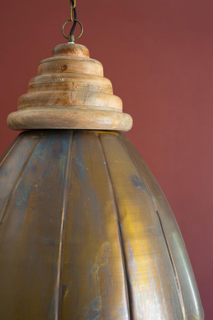 ANTIQUE BRASS PENDANT LIGHT WITH WOOD DETAIL 20" DIA. — Kalalou NDE1537