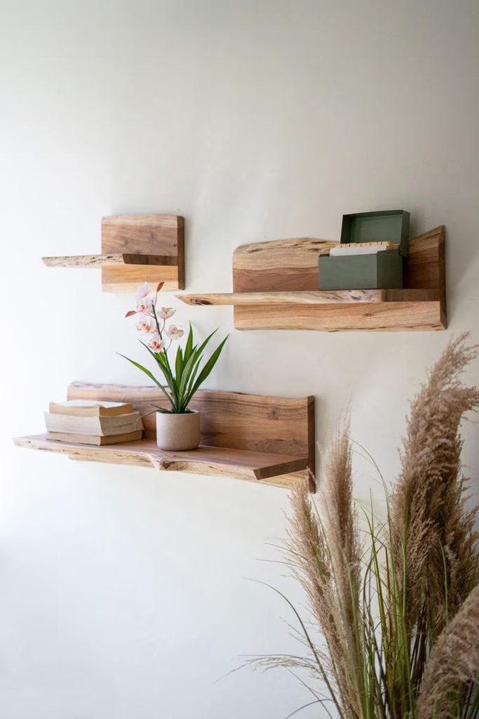 SET OF THREE ACACIA WOOD FLOATING WALL SHELVES — Kalalou NLAR1011