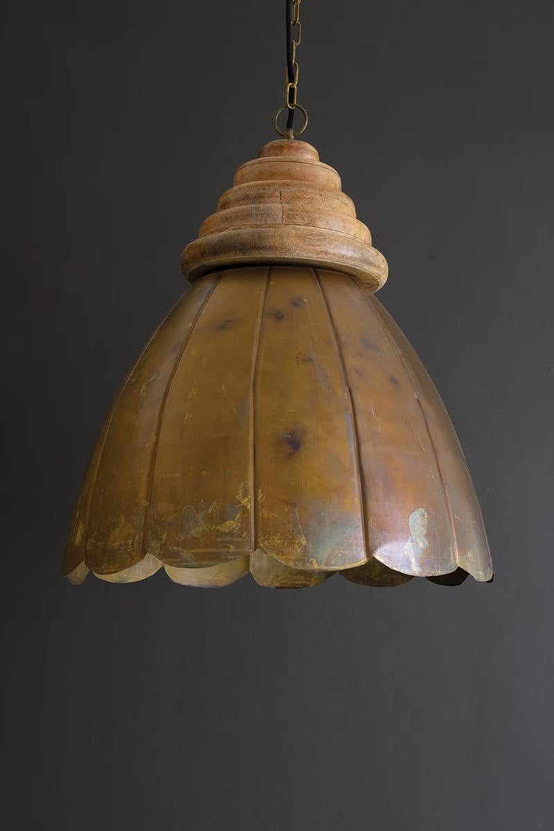 ANTIQUE BRASS PENDANT LIGHT WITH WOOD DETAIL 20" DIA. — Kalalou NDE1537