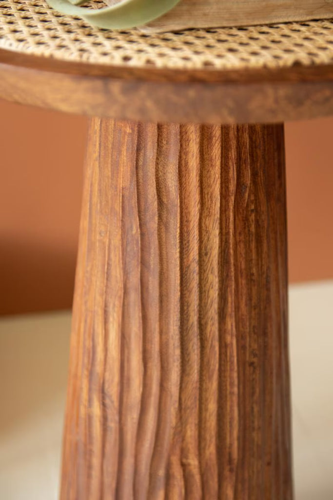 Round Wooden Side Table with Woven Cane Top – image 4