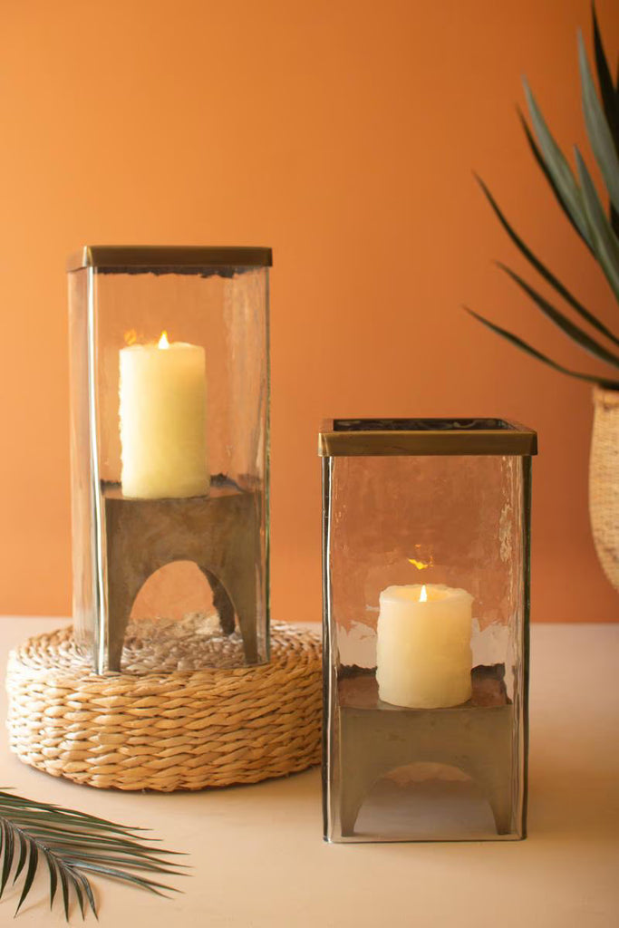 Set of 2 Square Glass Hurricanes with Antique Brass Bases – image 1
