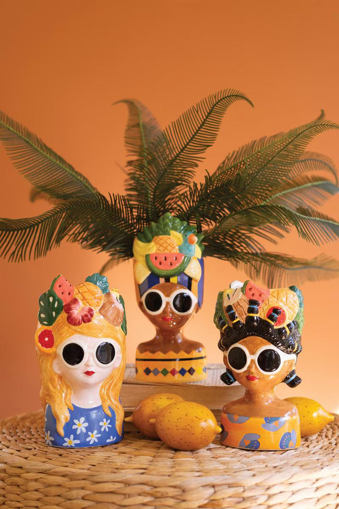 Set of 3 Ceramic Ladies Vases with Fruit Hats – image 1