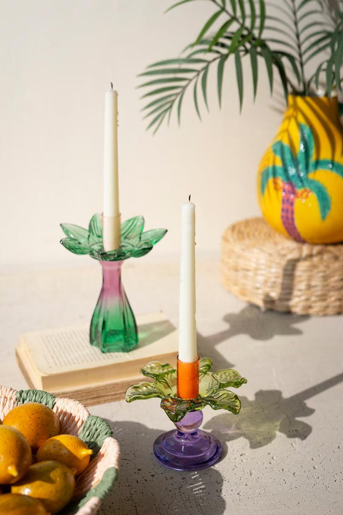 Set of 2 Colored Glass Flower Taper Candle Holders - image 4