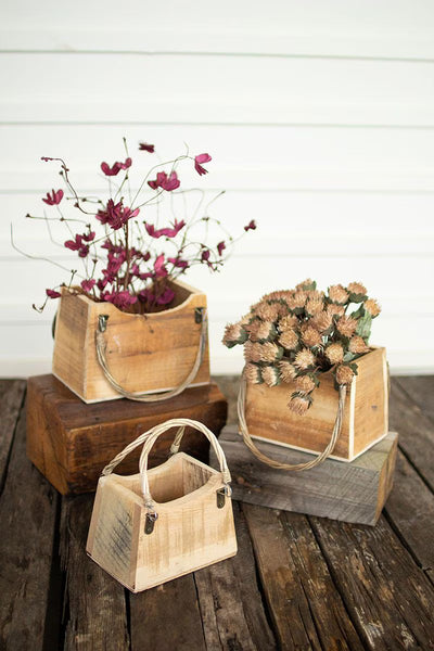 SET OF THREE RUSTIC RECYCLED WOOD HAND BAG PLANTERS (MIN 2) — Kalalou CCHA1017K