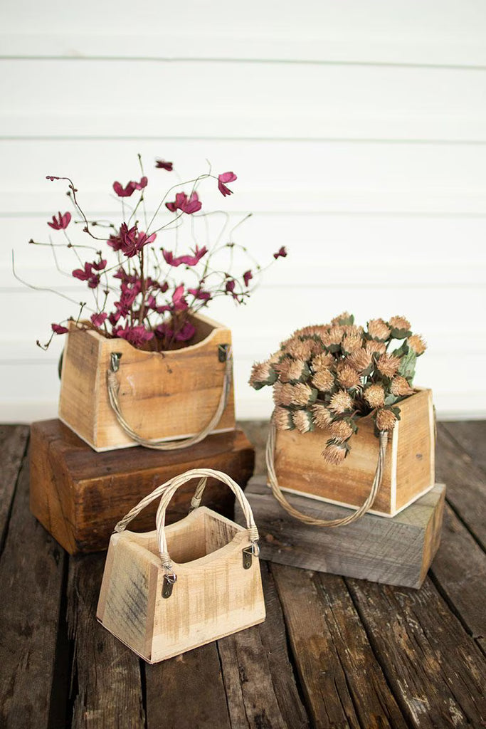 SET OF THREE RUSTIC RECYCLED WOOD HAND BAG PLANTERS (MIN 2) — Kalalou CCHA1017K