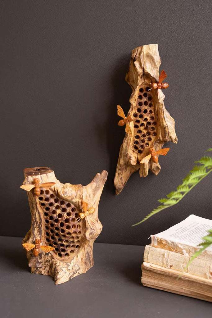 Repurposed Wood and Hand Carved Bees Wall Hanging - view 2